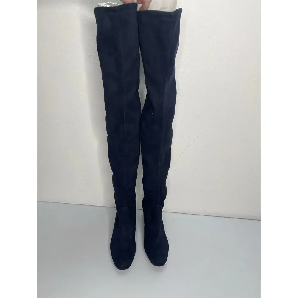 Stuart Weitzman Thigh-High Boots Heeled Navy Blue Suede Tie Women’s Size 5